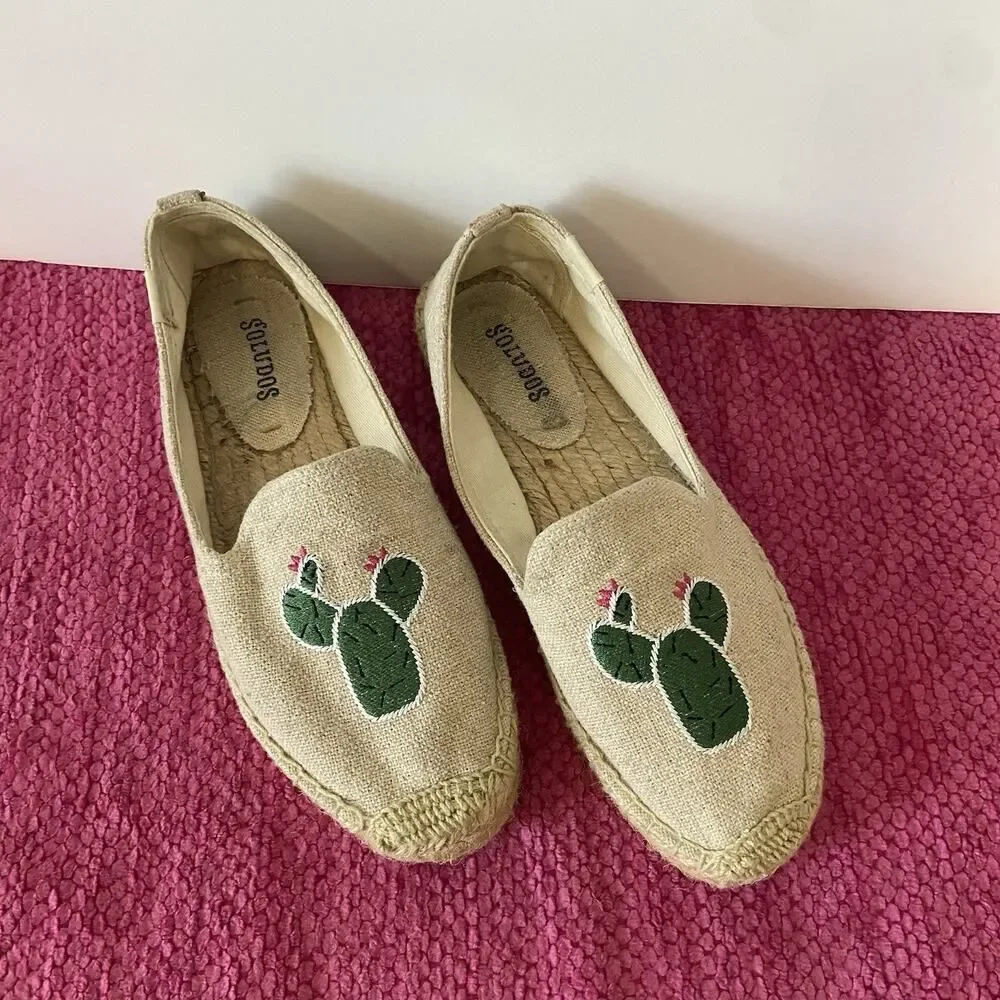 Soludos Espadrille Flats Embroidered Cactus Natural Beige Size 6.5